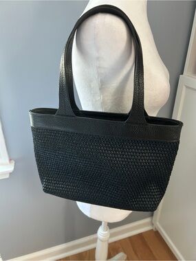 Rani Arabella Stella Mini Tote Handbag Black Woven Raffia Leather Italy